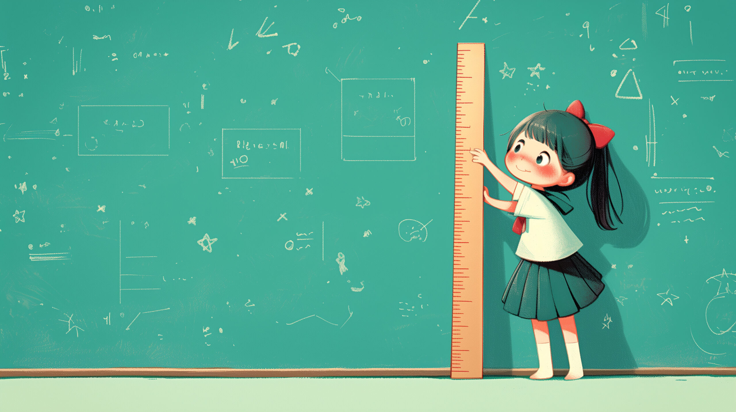 a little girl with a ruler, chalkboard calculation bakcground, cute, 8K, minimalism --ar 16:9 --stylize 250 --niji 6