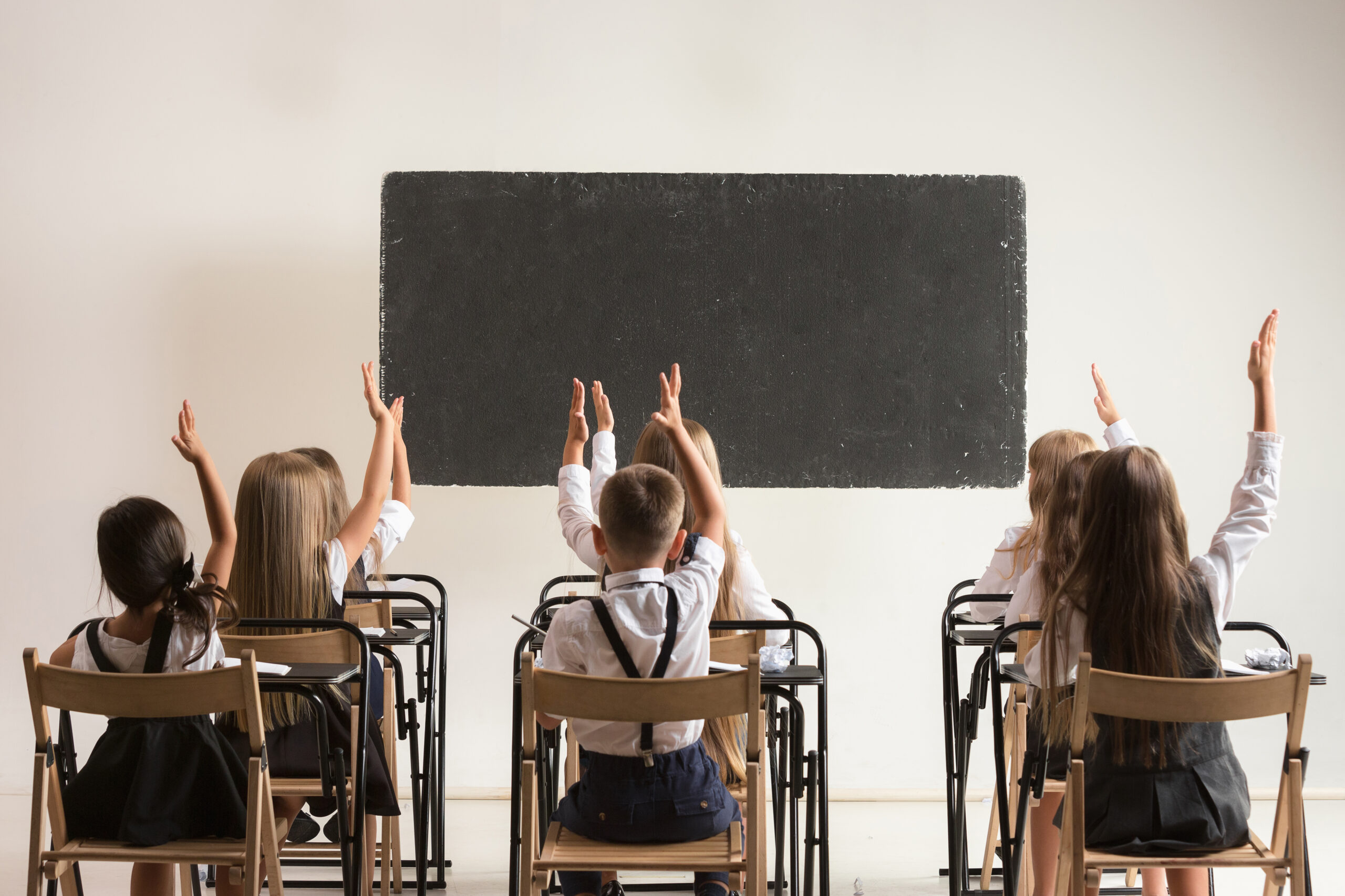 School children in classroom at lesson. The little boys and girls sitting at desks. Back to school, education, classroom, lesson, learn, lifestyle, childhood concept